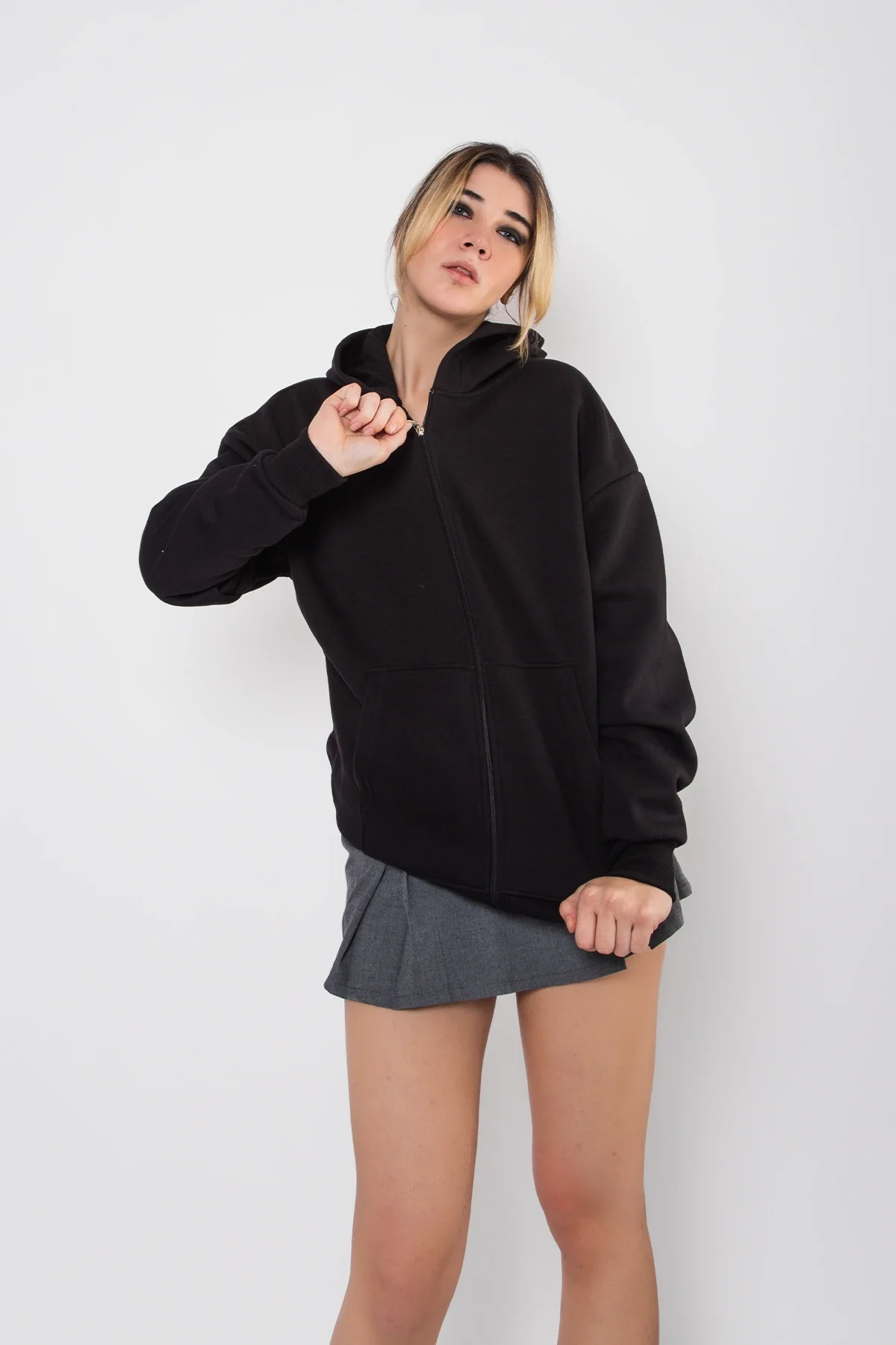 Fermuarlı Basic Kapüşonlu Unisex Siyah Sweatshirt