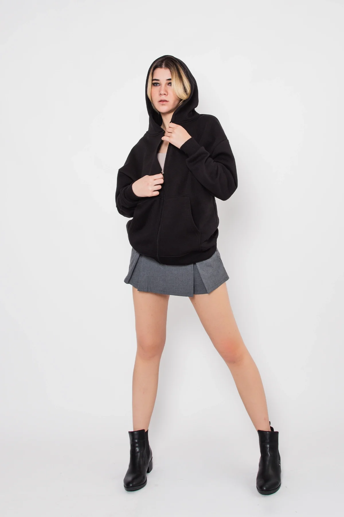 Fermuarlı Basic Kapüşonlu Unisex Siyah Sweatshirt