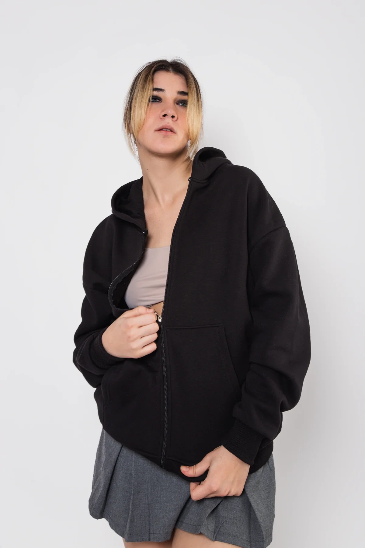 Fermuarlı Basic Kapüşonlu Unisex Siyah Sweatshirt