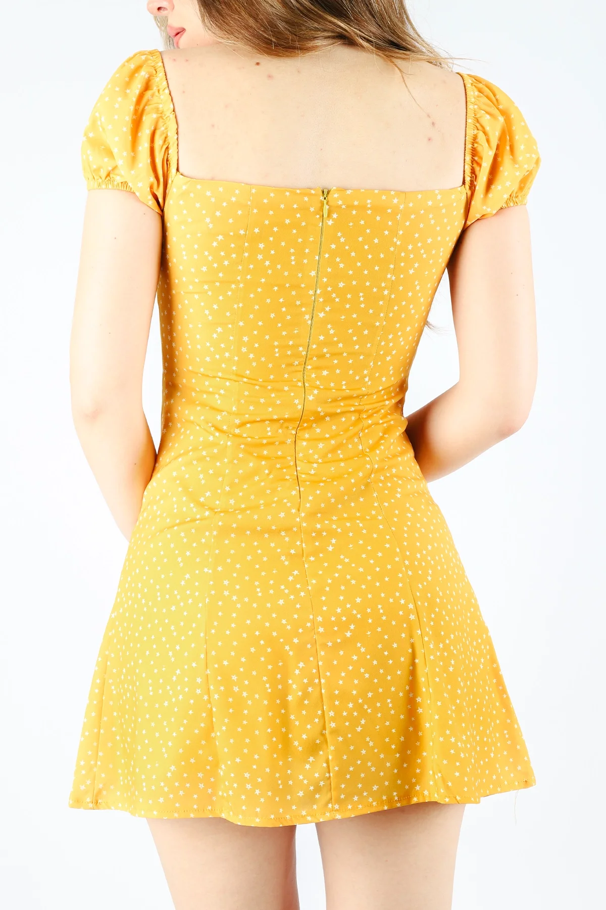 Linda Kol Poplin Düğme Detaylı Sarı Elbise