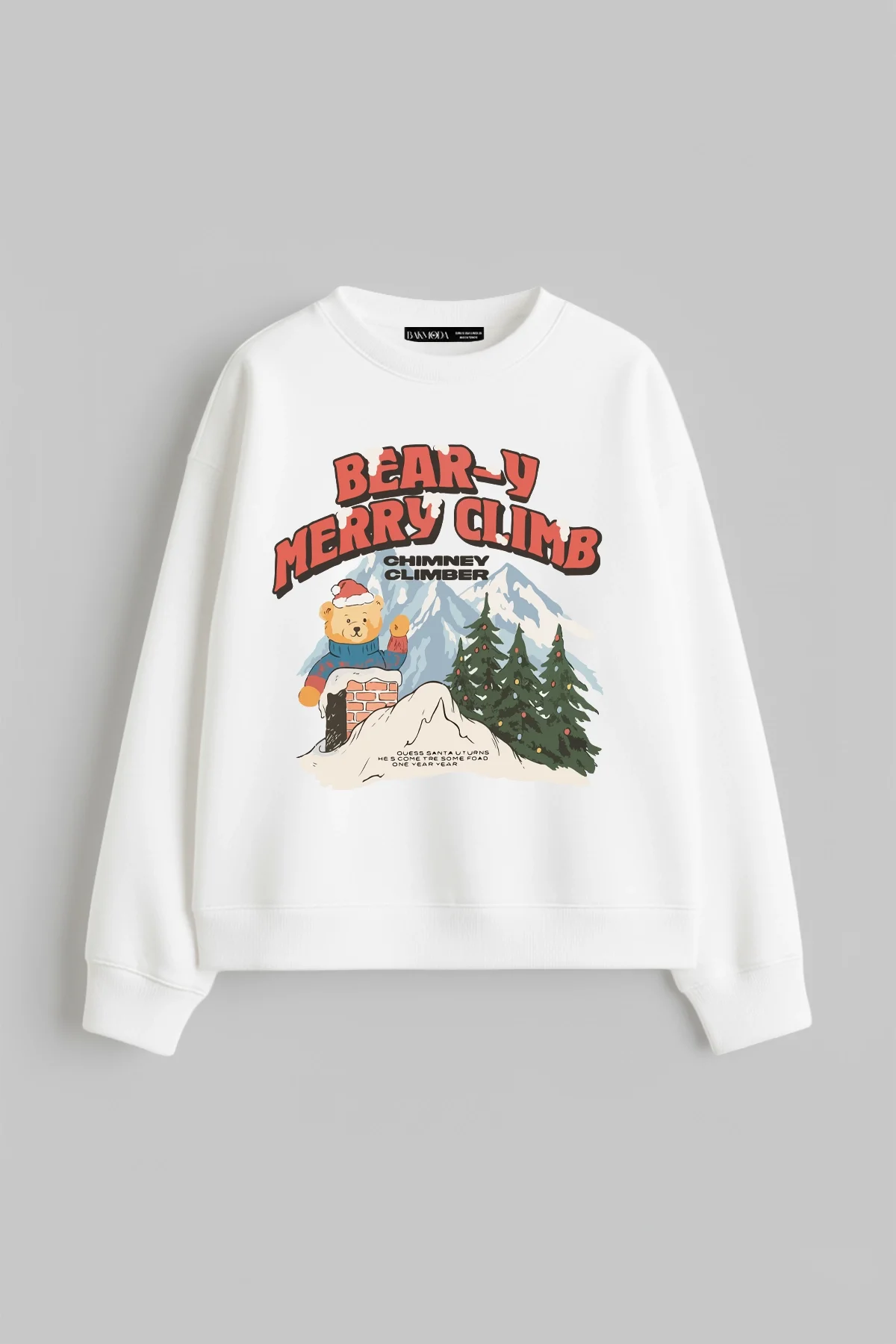 Merry Climb Baskılı Kapüşonsuz Relaxed Fit Beyaz Sweatshirt