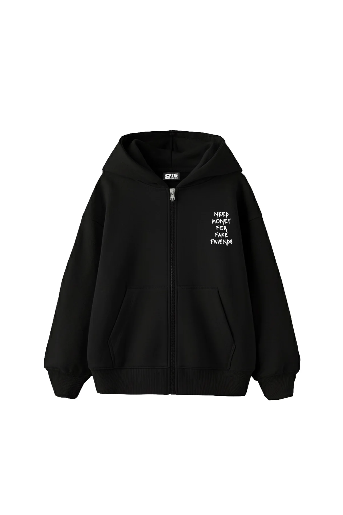 Need Money For Fake Friends Fermuarlı Kapüşonlu Unisex Siyah Sweatshirt