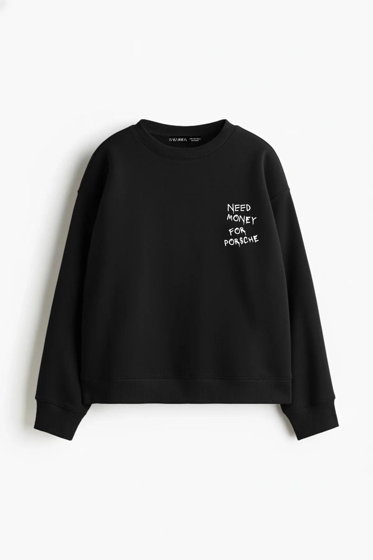 Need Money For Porsche Baskılı Kapüşonsuz Relaxed Fit Kadın Siyah Sweatshirt