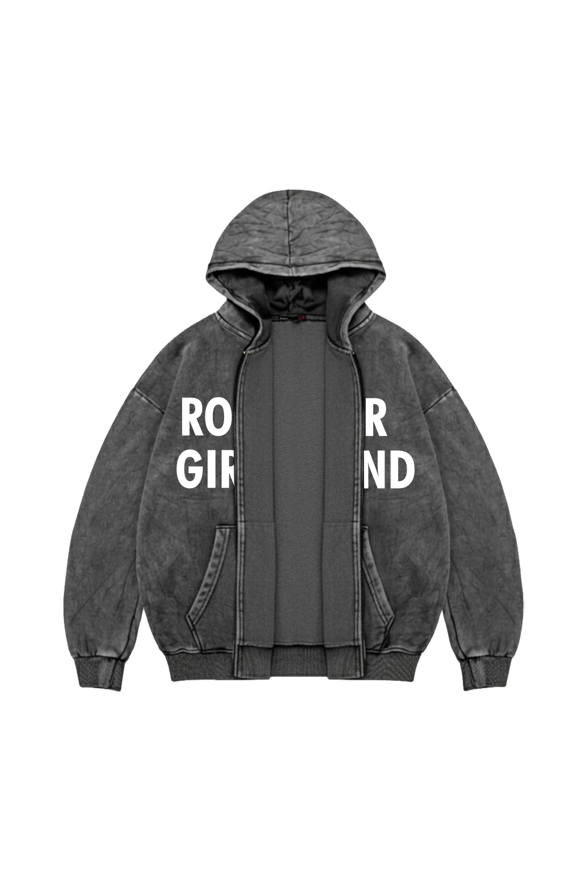 Rockstar Girlfriend Fermuarlı Kapüşonlu Zip Unisex Yıkamalı Siyah Sweatshirt