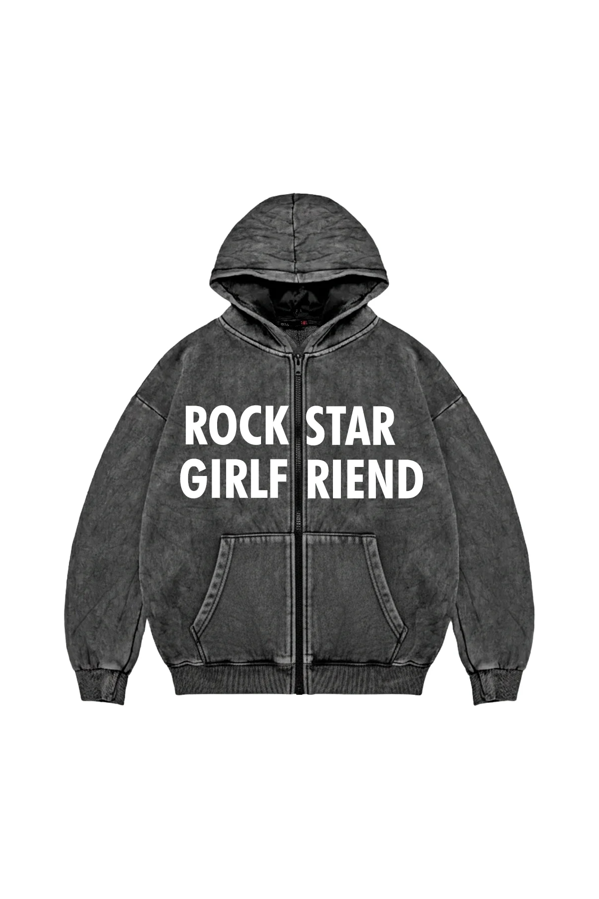 Rockstar Girlfriend Fermuarlı Kapüşonlu Zip Unisex Yıkamalı Siyah Sweatshirt