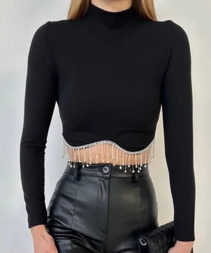 Sırt Dekolteli Zincir Detaylı Fitilli Crop