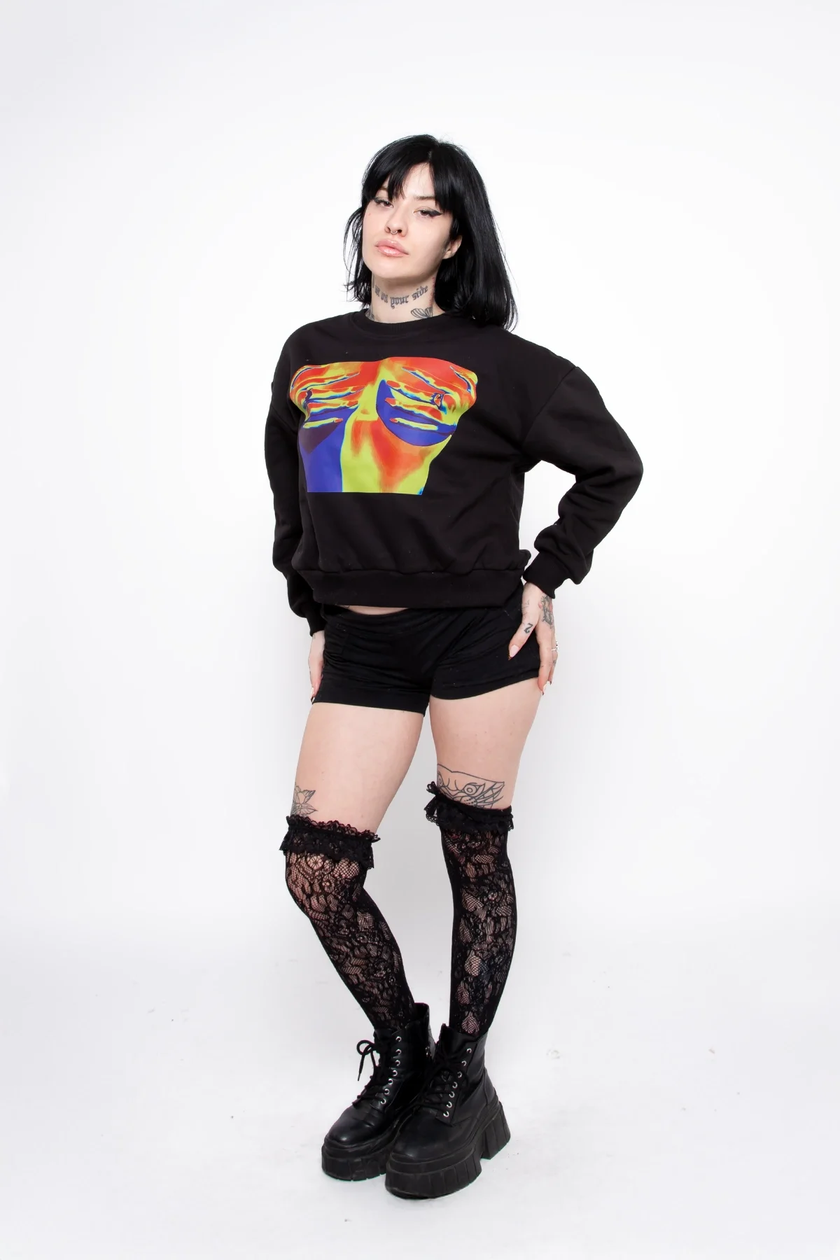 Thermal Boobs Baskılı Kapüşonsuz Relaxed Fit Kadın Siyah Sweatshirt