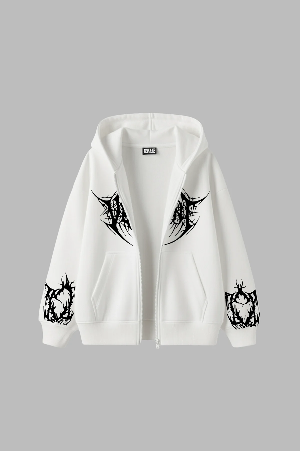 Vehement Baskılı Fermuarlı Kapüşonlu Zip Unisex Beyaz Sweatshirt