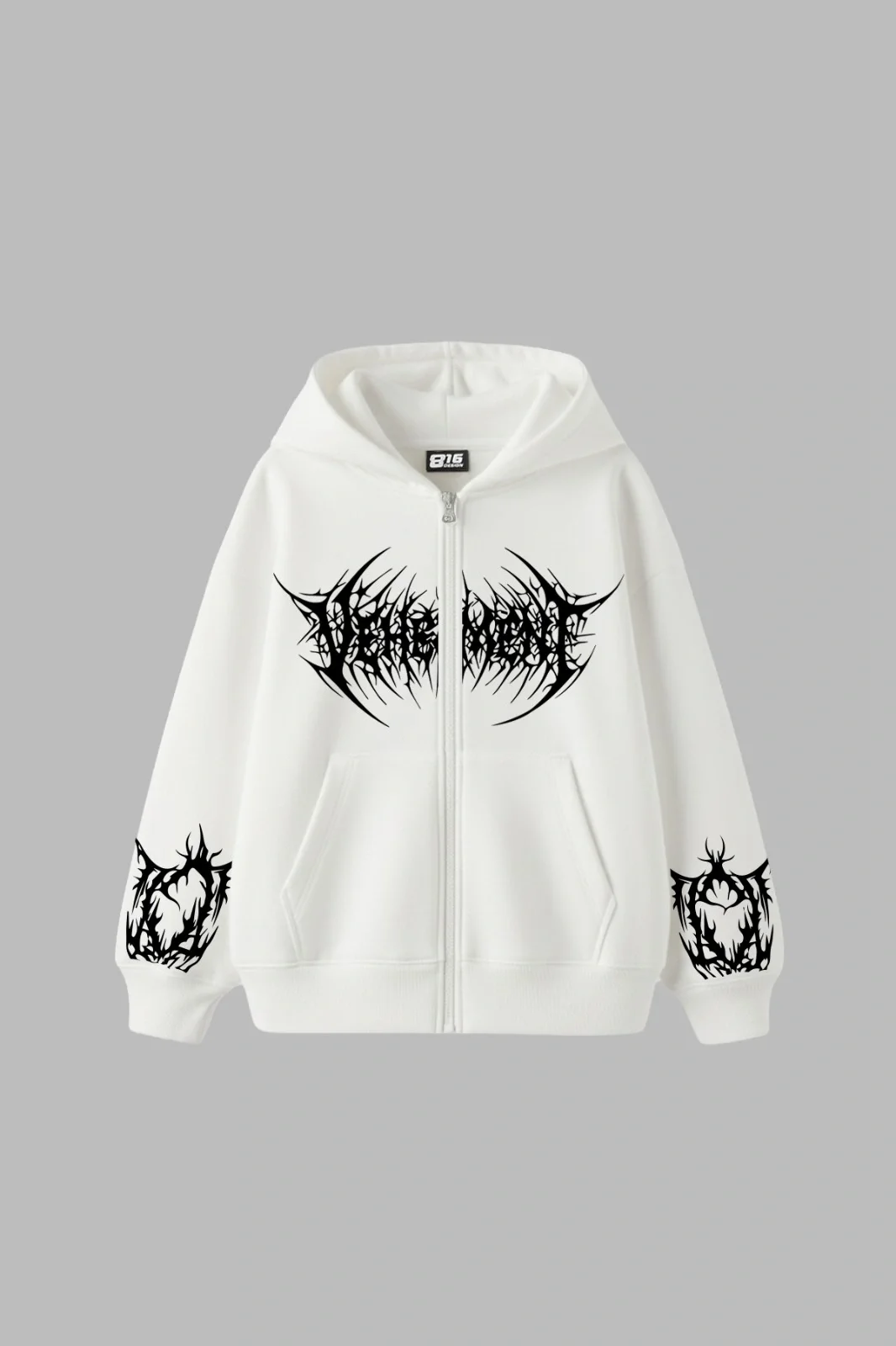 Vehement Baskılı Fermuarlı Kapüşonlu Zip Unisex Beyaz Sweatshirt