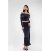 Yarım Omuz Yırtmaç Detaylı Büzgülü Sandy Kumaş Etekli Antrasit Takım