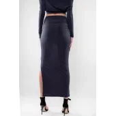 Yarım Omuz Yırtmaç Detaylı Büzgülü Sandy Kumaş Etekli Antrasit Takım