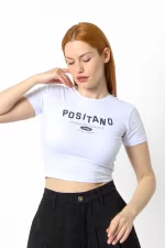 1998 Baskılı Kısa Kollu Beyaz Crop Top