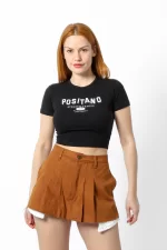 1998 Baskılı Kısa Kollu Siyah Crop Top