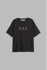 222 Baskılı Relaxed Fit Siyah Kadın Tshirt