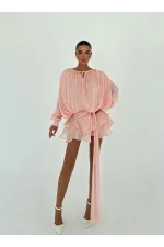 Vatkalı Jakarlı Tül Pembe Elbise