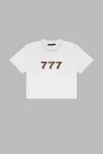 777 Baskılı Beyaz Crop Top