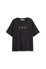 777 Baskılı Relaxed Fit Siyah Kadın Tshirt