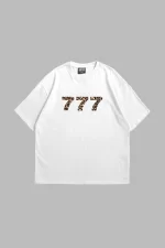 777 Leopar Baskılı Oversize Unisex Premium Beyaz Tshirt