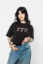 777 Leopar Baskılı Oversize Unisex Premium Siyah Tshirt