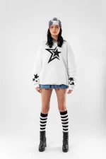 816 Stars Baskılı Oversize Unisex Beyaz Hoodie