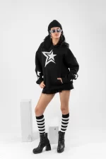 816 Stars Baskılı Oversize Unisex Siyah Hoodie