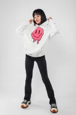 Acid Smile Baskılı Oversize Unisex Beyaz Hoodie