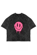 Acid Smile Baskılı Oversize Unisex Yıkamalı Siyah Tshirt