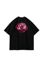 Alert Rose Baskılı Oversize Unisex Siyah Tshirt