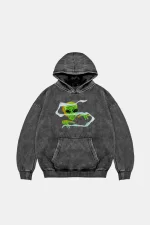 Alien Smoke Baskılı Oversize Unisex Yıkamalı Siyah Hoodie