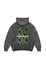 Snake Venemous Baskılı Oversize Unisex Premium Yıkamalı Siyah Hoodie