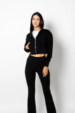 Basic Fermuarlı Siyah Crop Sweatshirt