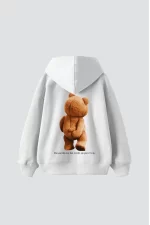 Bear Sırt Baskılı Oversize Unisex Beyaz Hoodie