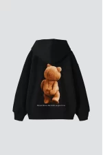 Bear Sırt Baskılı Oversize Unisex Siyah Hoodie