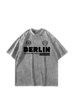 Berlin Baskılı Oversize Unisex Yıkamalı Beyaz Tshirt