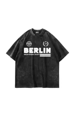 Berlin Baskılı Oversize Unisex Yıkamalı Siyah Tshirt