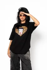 Betty Boop Leopar Baskılı Oversize Unisex Premium Siyah Tshirt