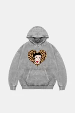 Betty Boops Baskılı Oversize Unisex Premium Yıkamalı Beyaz Hoodie