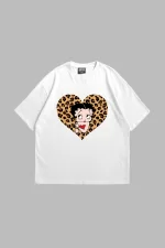 Betty Boop Baskılı Oversize Unisex Beyaz Tshirt