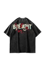 Breakout Baskılı Oversize Unisex Yıkamalı Siyah Tshirt