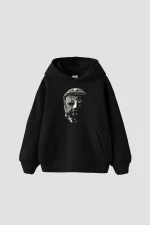 Buddha Baskılı Oversize Unisex Siyah Hoodie