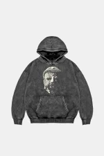 Buddha Baskılı Oversize Unisex Yıkamalı Siyah Hoodie
