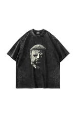 Buddha Baskılı Oversize Unisex Yıkamalı Siyah Tshirt