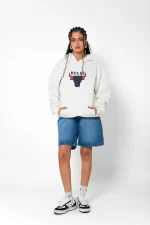 Bulls Baskılı Oversize Unisex Beyaz Hoodie