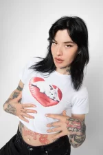 Bunny Baskılı Beyaz Crop Top