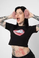 Bunny Baskılı Siyah Crop Top