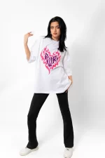 Burn Heart Baskılı Beyaz Oversize Unisex Tshirt