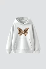 Butterfly Leopard Baskılı Oversize Unisex Premium Beyaz Hoodie