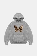 Butterfly Leopard Baskılı Oversize Unisex Premium Yıkamalı Beyaz Hoodie