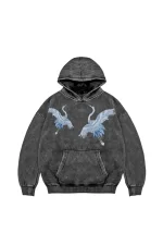 Mavi Turna Baskılı Oversize Unisex Premium Yıkamalı Siyah Hoodie