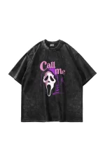 Call Me Baskılı Oversize Unisex Yıkamalı Siyah Tshirt